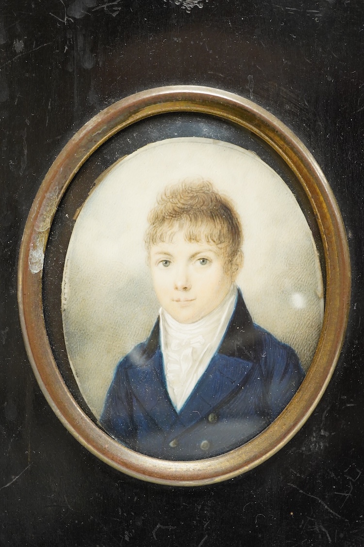 Early 19th century, English school, Portrait miniature of a gentleman, oval watercolour on ivory, housed in an ebonised frame, 7 x 5.5cm CITES Submission reference Z1N6BC77